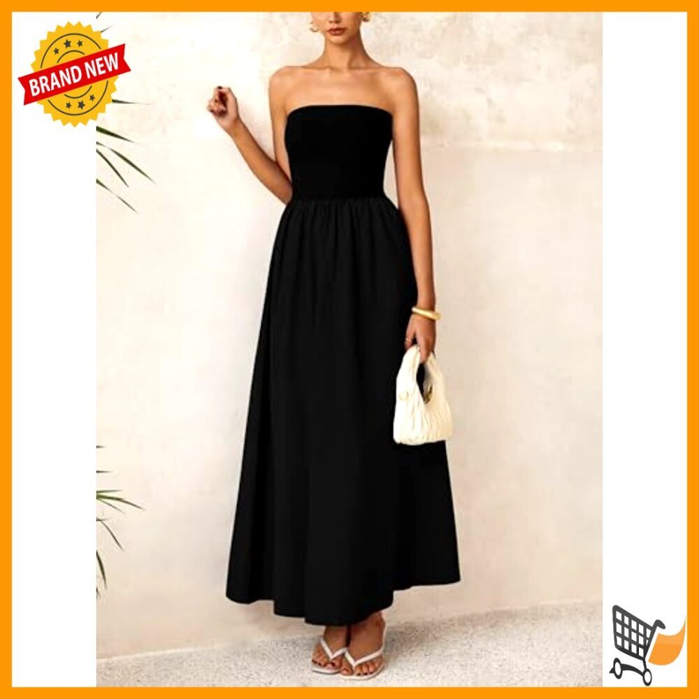 Strapless Maxi Dress A-Line Flowy Formal Wedding Party Cocktail Summer - Picture 4 of 7